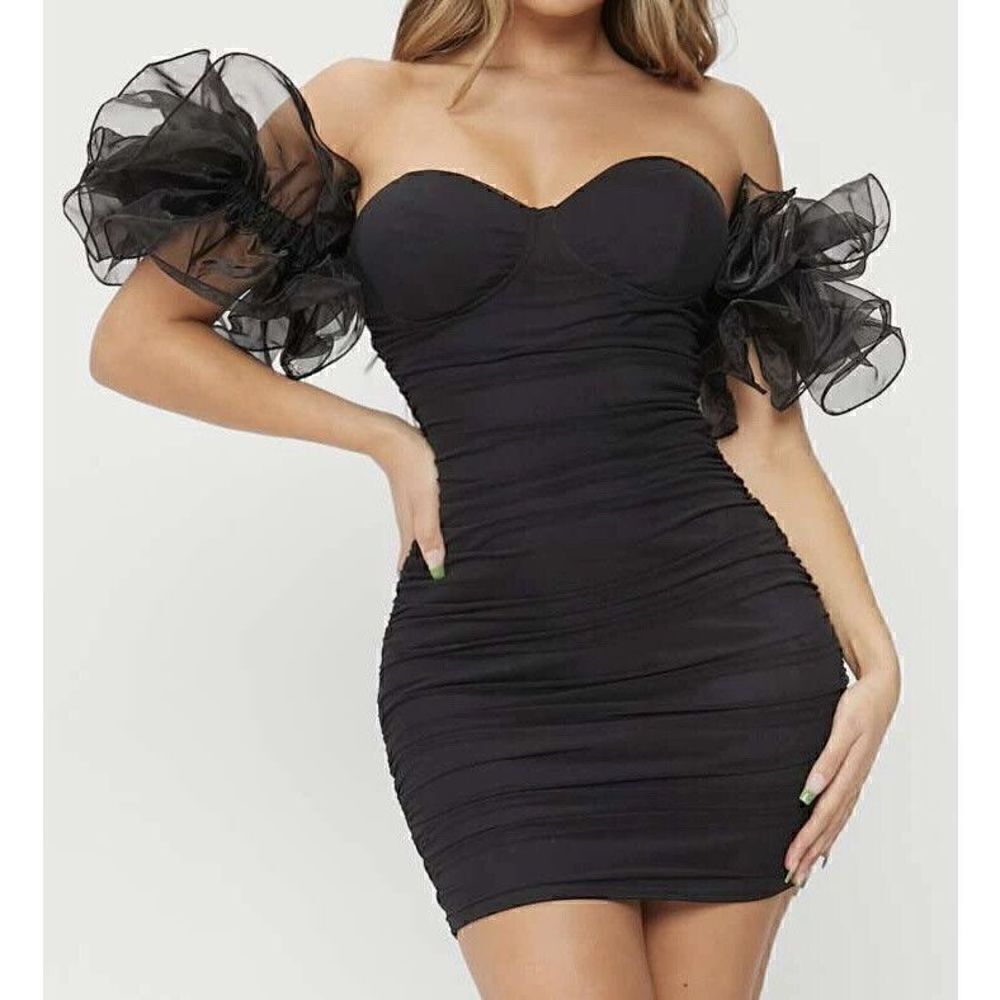 Fashion Nova Black‎ Dress Organza Short Ruffle Sleeves Bodycon Sz S